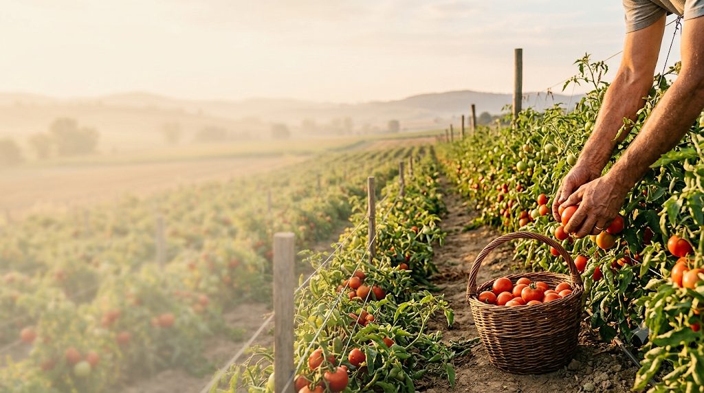 Tomatoes hand-picked in the field at sunrise