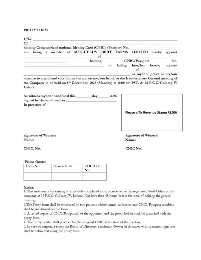 Mitchell's Fruit Farms Limited proxy form
